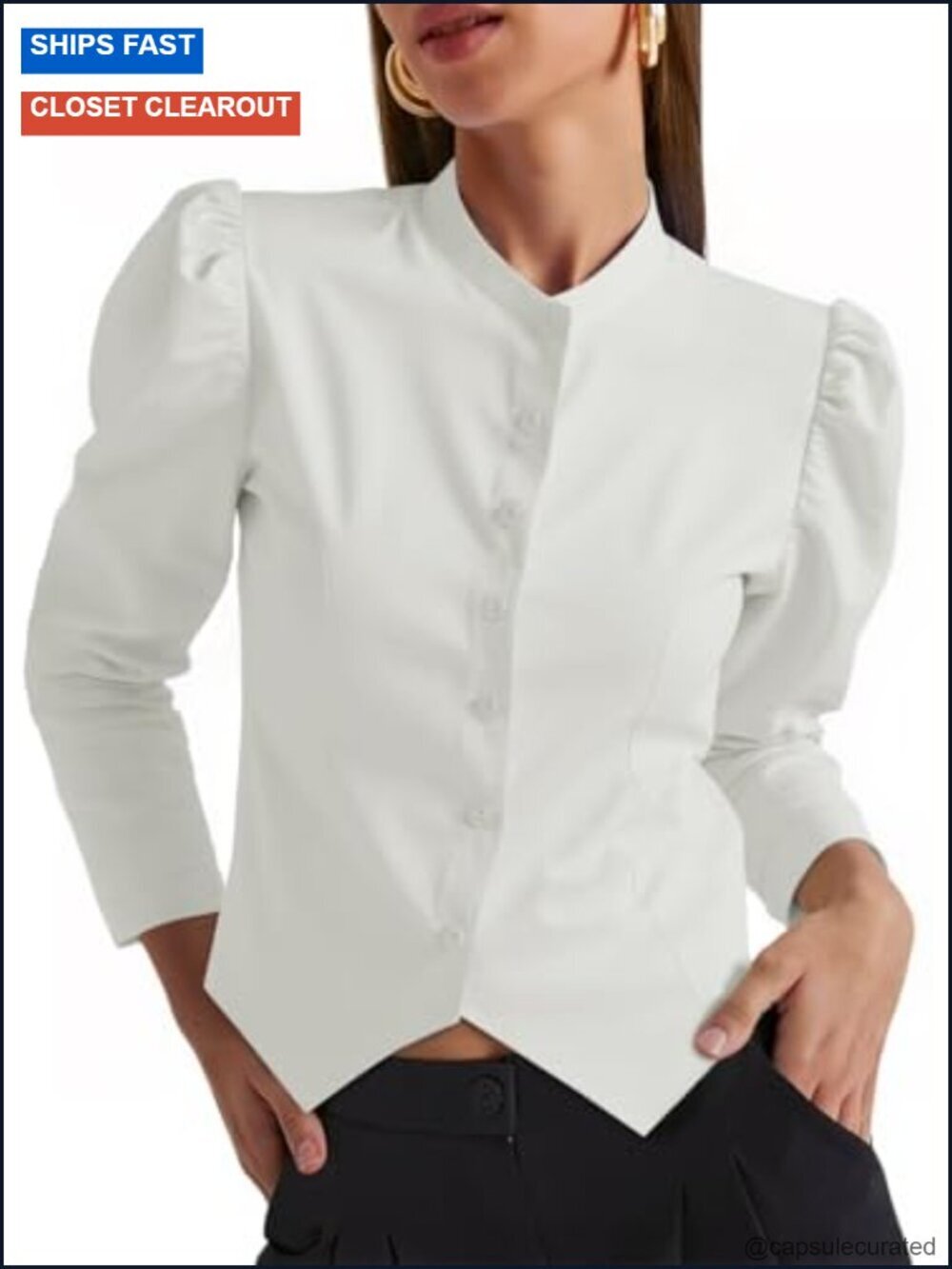 Puff Sleeve Button Down Shirt Crop Mock Neck Fitted Top Cotton Blouse